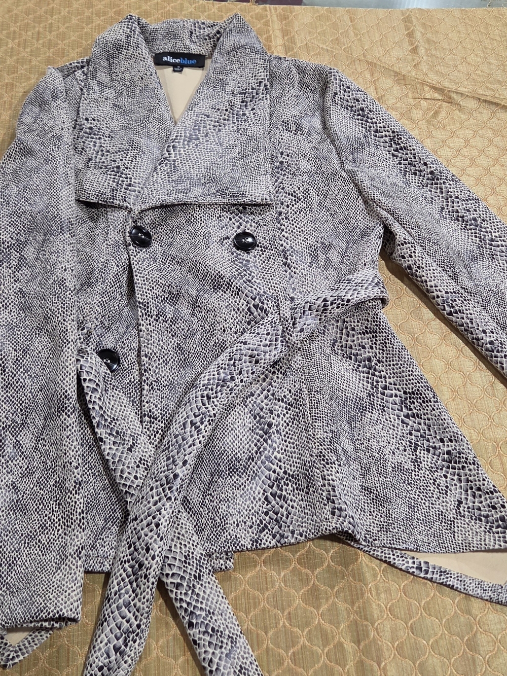 Alice Blue Black and White Snake-Print Double-Breasted Trench Coat